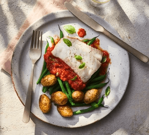 Cá Tuyết Nướng Sốt Cà Chua, Caper và Basil với Phô mai Mozzarella Putino 1 Cá Tuyết Nướng Sốt Cà Chua, Caper và Basil với Phô mai Mozzarella Putino