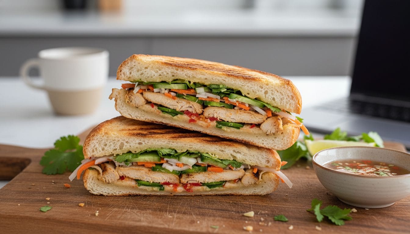 Bữa Trưa Văn Phòng: Panini Gà Nấm Kẹp Phô Mai Mozzarella Giòn Rụm 1 Hình ảnh bánh mì panini gà