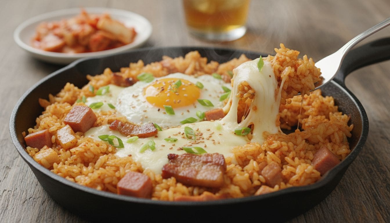 Cách Làm Cơm Chiên Kim Chi Phủ Phô Mai Kéo Sợi Chuẩn Vị Hàn 1 Hình ảnh cơm chiên kim chi phô mai