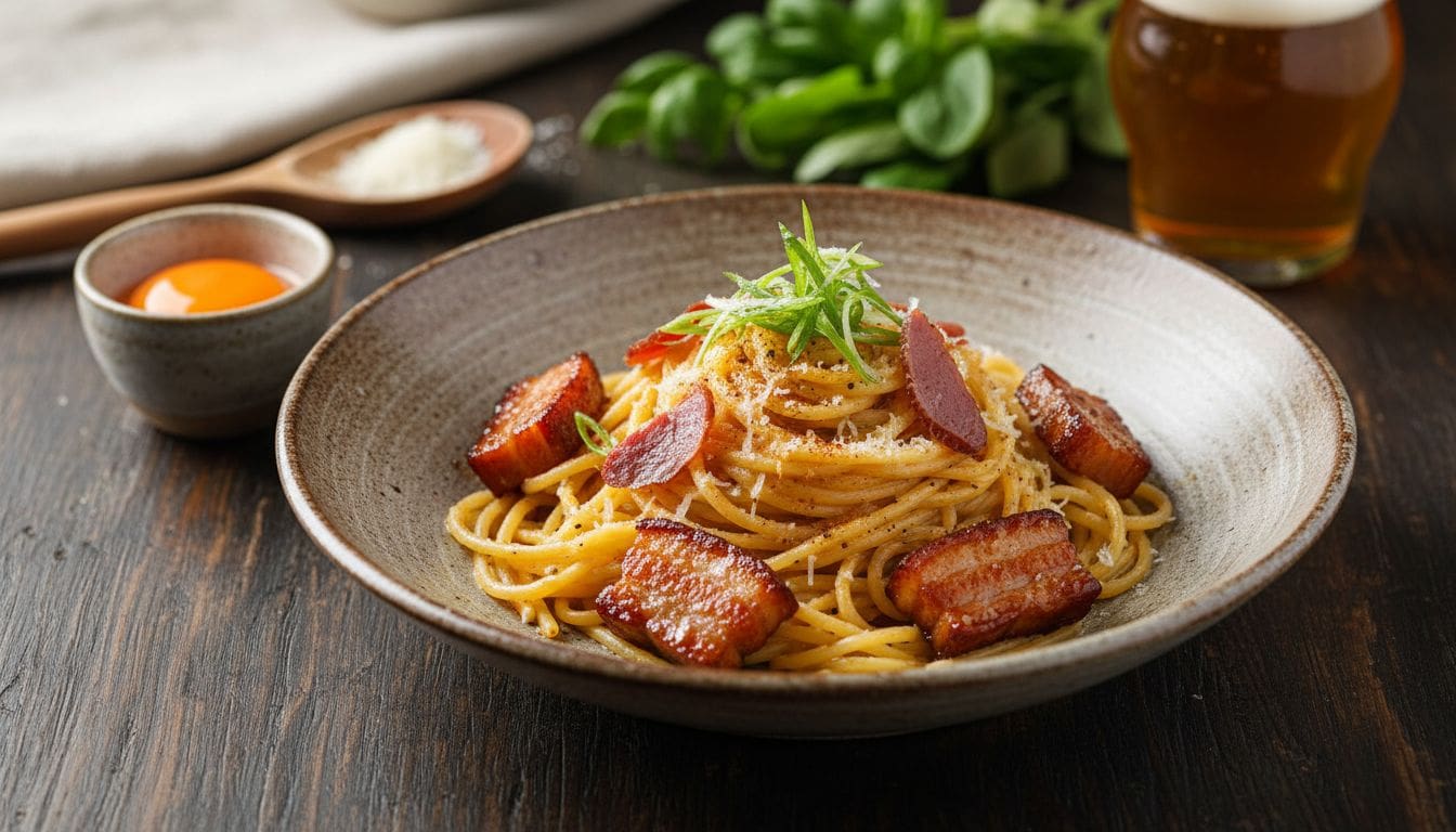 Mì Ý Carbonara Biến Tấu Với Bacon Giòn Và Phô Mai Mozzarella Kéo Sợi 1 Hình ảnh mì ý carbonara biến tấu