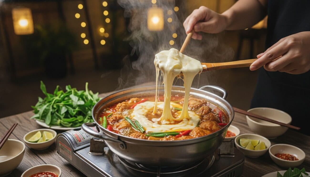 Hình ảnh phô mai trong lẩu gà cay